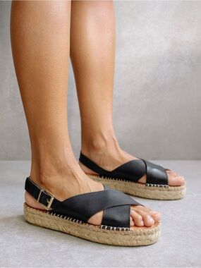 Alohas Black Espadrille Slingback Sandals - Leather Cross Strap Size 37